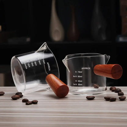 Glass espresso pitcher with wooden handle kitchen measuring cup