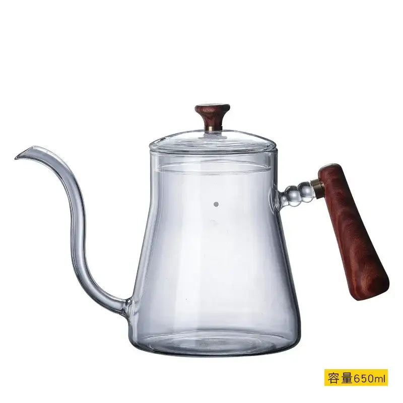 Glass goose beak kettle with wood handle kitchen pour over carafe
