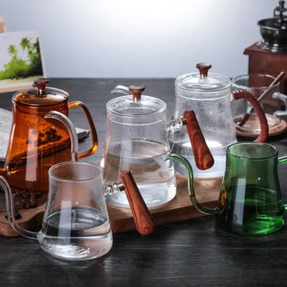 Glass goose beak kettle with wood handle kitchen pour over carafe