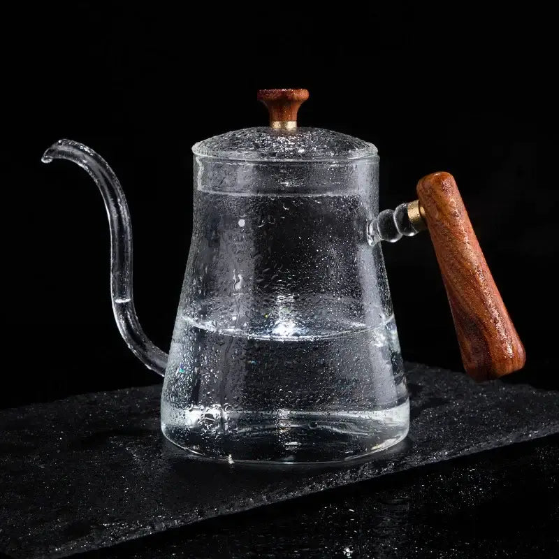 Glass goose beak kettle with wood handle kitchen pour over carafe