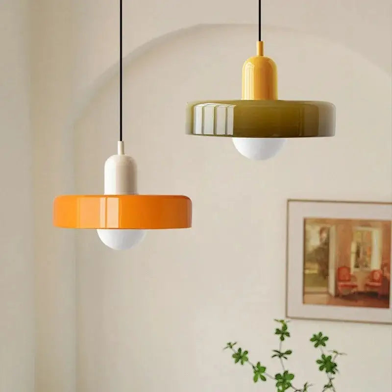 Bauhaus yellow & olive green glass pendant lighting kitchen set
