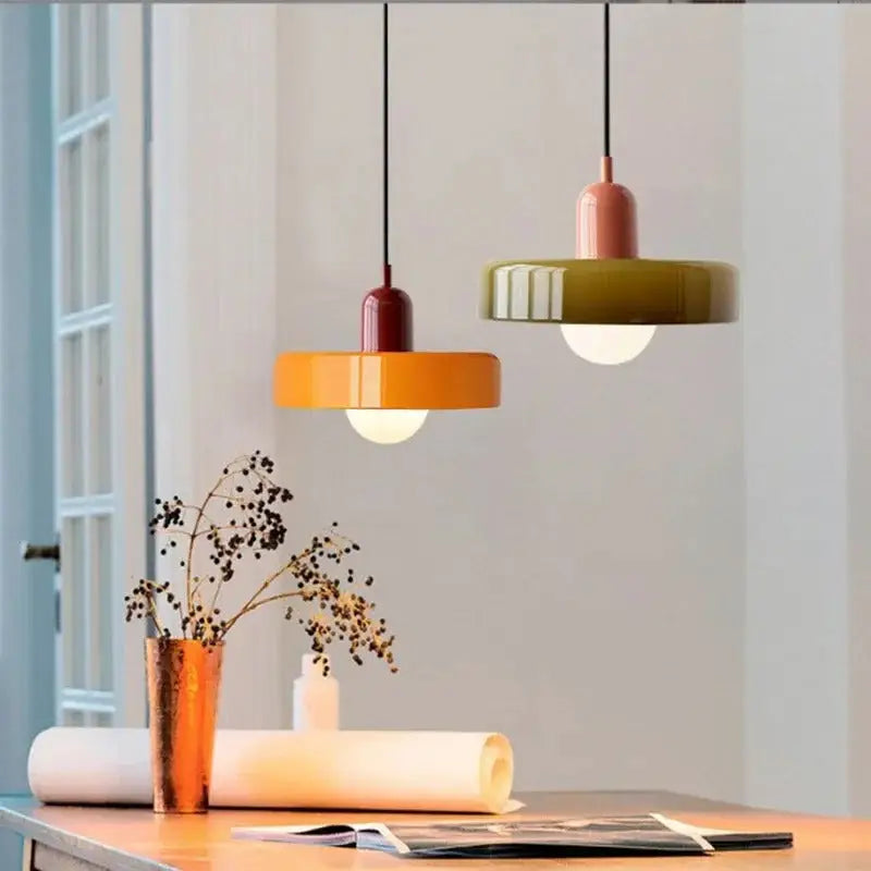 Bauhaus yellow & olive green glass pendant lighting kitchen set