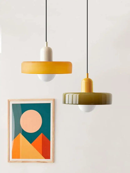 Bauhaus yellow & olive green glass pendant lighting kitchen set