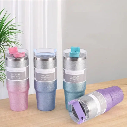 Glitter pink blue & teal stainless steel water bottle kitchen mug