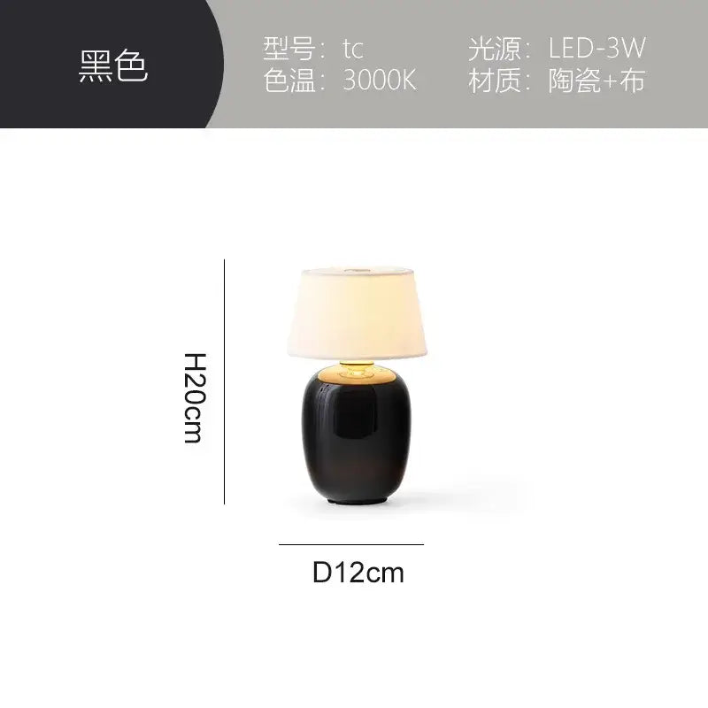 Glossy black ceramics table lamp with white shade for bedroom