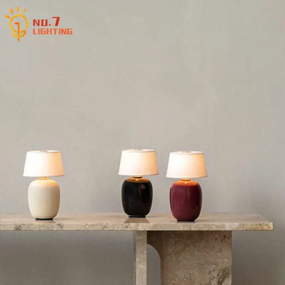 Glossy black ceramics table lamp with white shade for bedroom