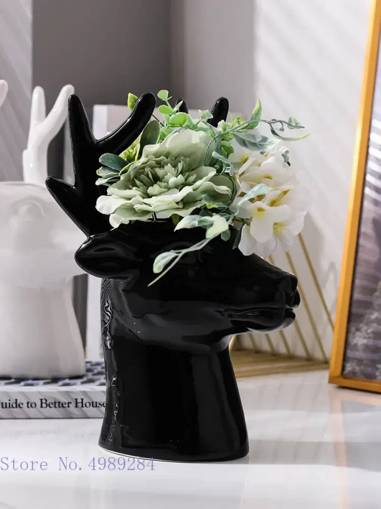 Glossy black deer head ceramic vase living room decor