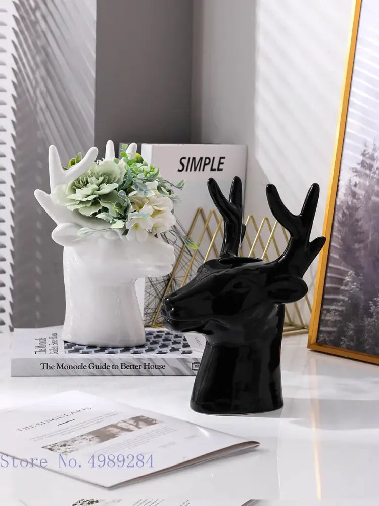 Glossy black deer head ceramic vase living room decor