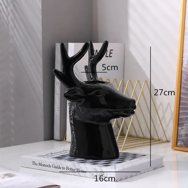 Glossy black deer head ceramic vase living room decor