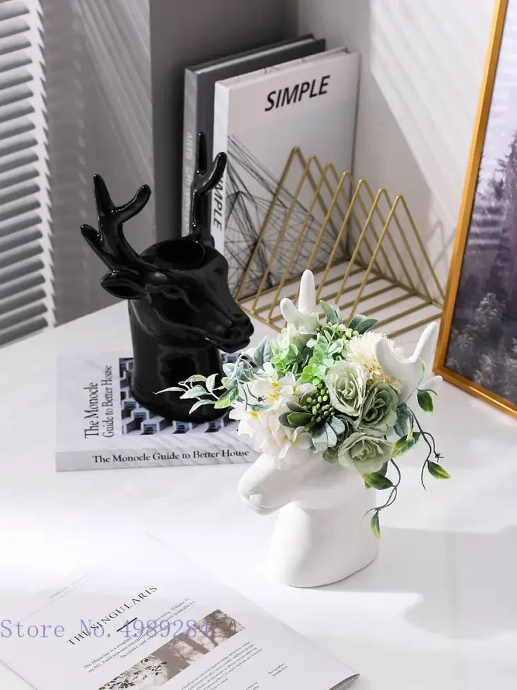 Glossy black deer head ceramic vase living room decor
