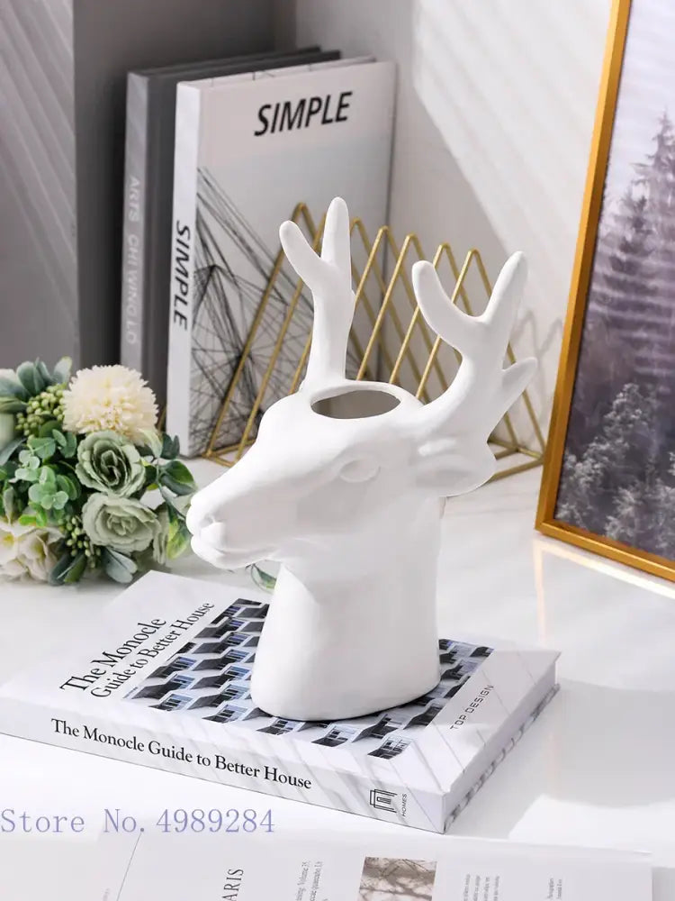 Glossy black deer head ceramic vase living room decor