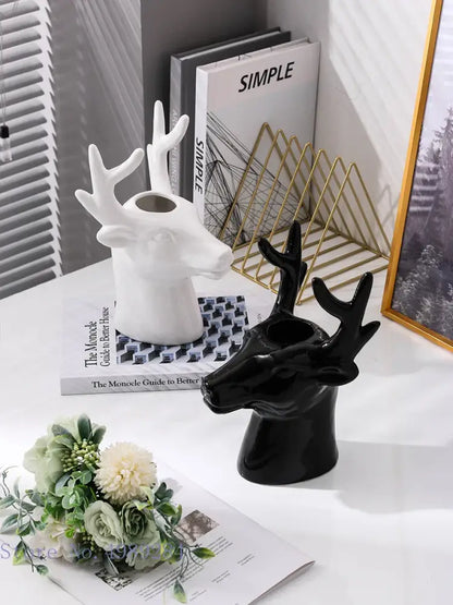 Glossy black deer head ceramic vase living room decor