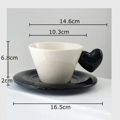 Glossy black heart shape lovers mug set dining room porcelain cup