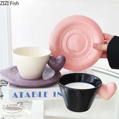 Glossy black heart shape lovers mug set dining room porcelain cup