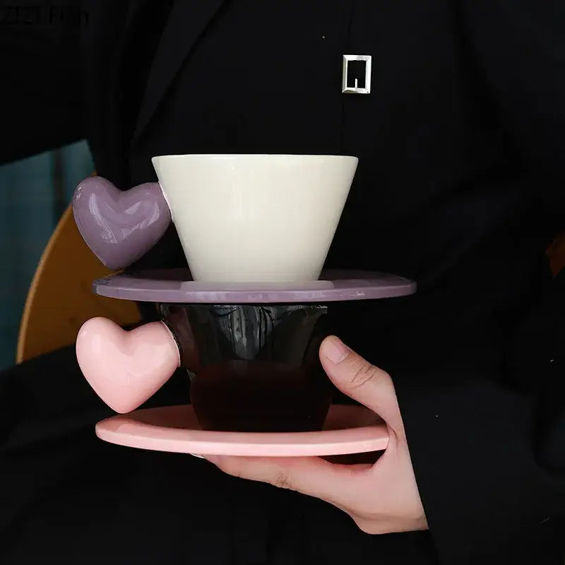Glossy black heart shape lovers mug set dining room porcelain cup