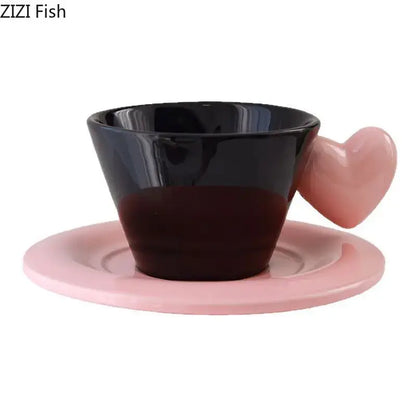 Glossy black heart shape lovers mug set dining room porcelain cup