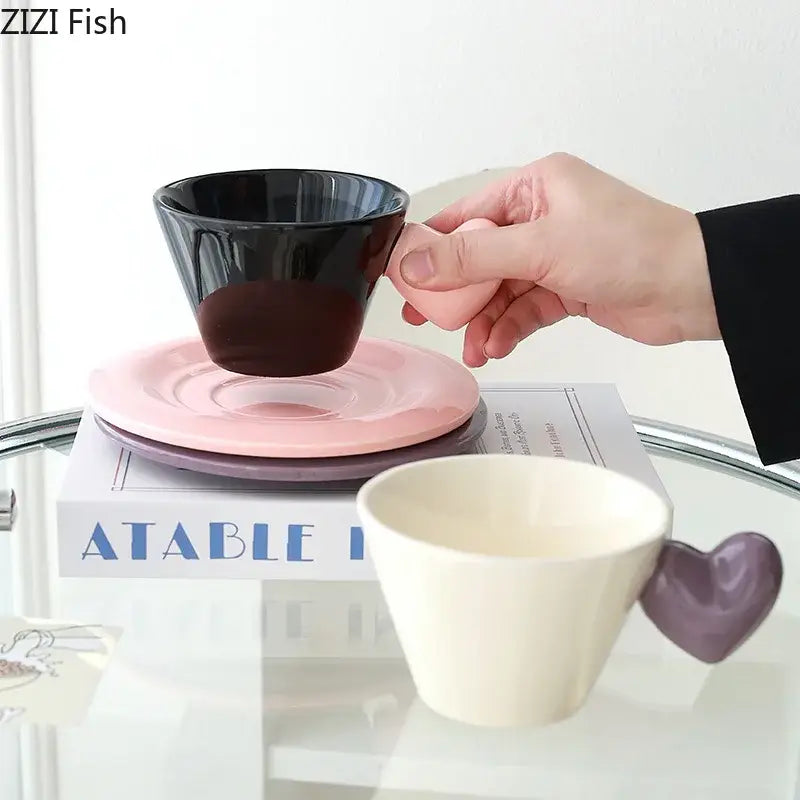Glossy black heart shape lovers mug set dining room porcelain cup