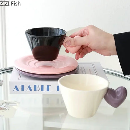 Glossy black heart shape lovers mug set dining room porcelain cup
