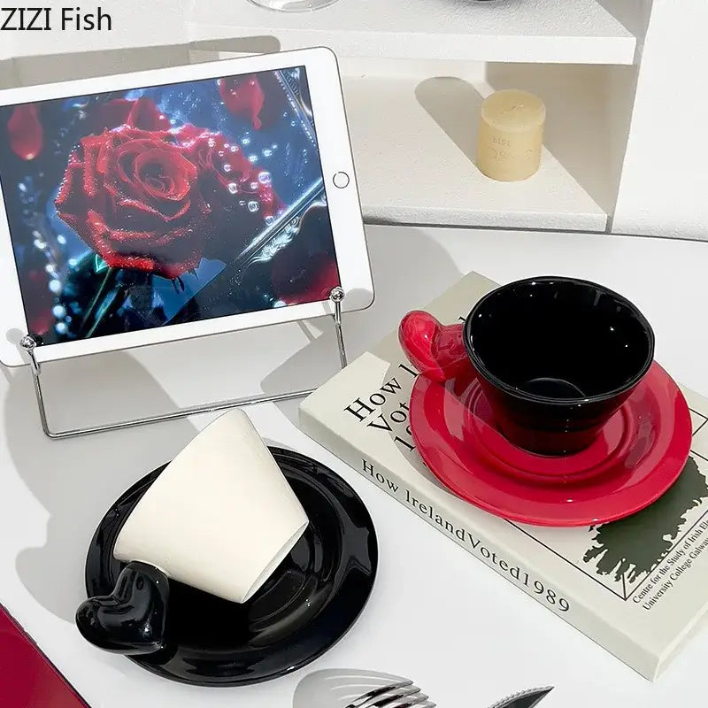 Glossy black heart shape lovers mug set dining room porcelain cup