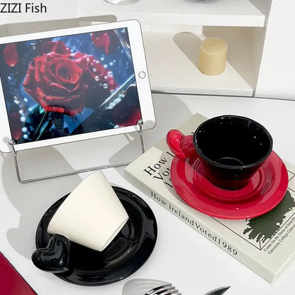 Glossy black heart shape lovers mug set dining room porcelain cup