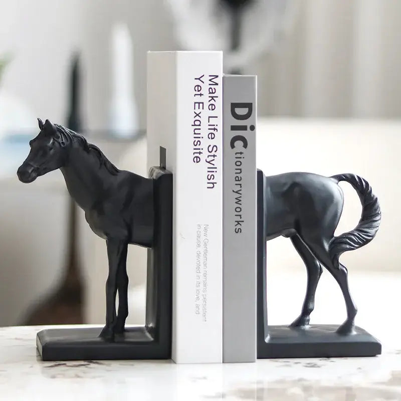 Glossy black horse stallion resin bookends living room decor