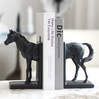 Glossy black horse stallion resin bookends living room decor