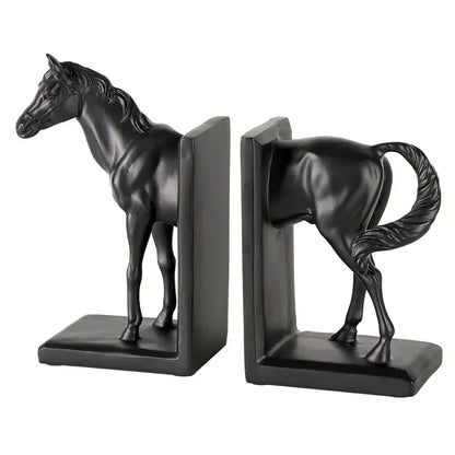 Glossy black horse stallion resin bookends living room decor