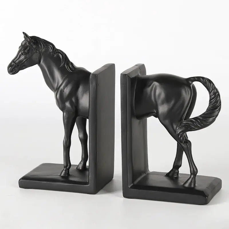 Glossy black horse stallion resin bookends living room decor
