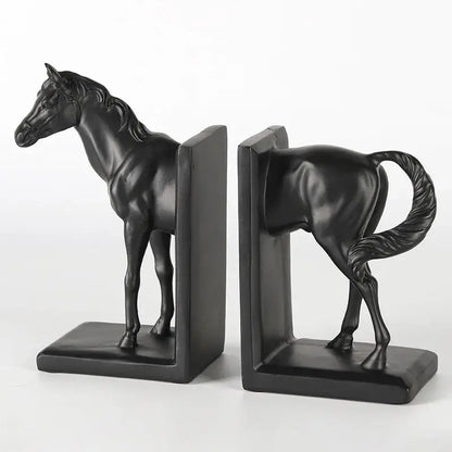 Glossy black horse stallion resin bookends living room decor