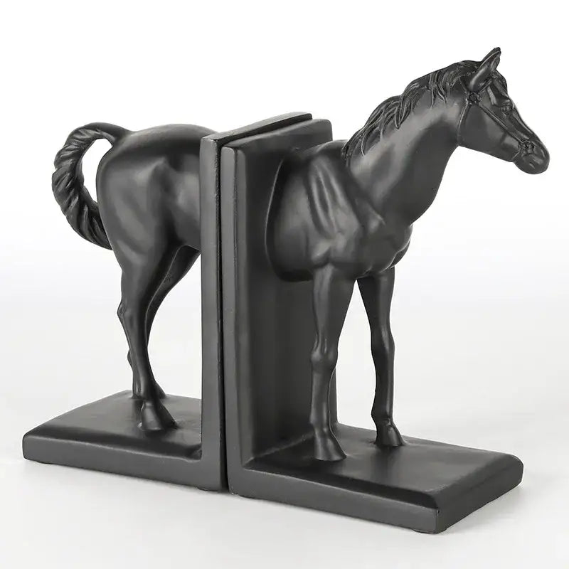 Glossy black horse stallion resin bookends living room decor
