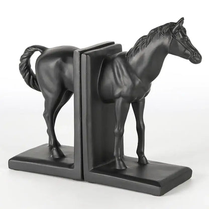 Glossy black horse stallion resin bookends living room decor