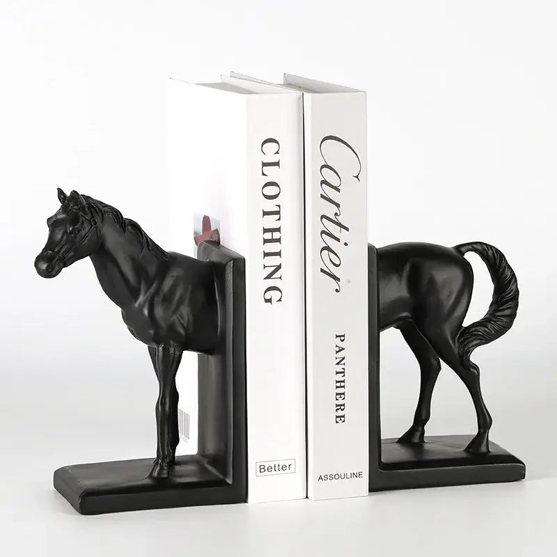 Glossy black horse stallion resin bookends living room decor