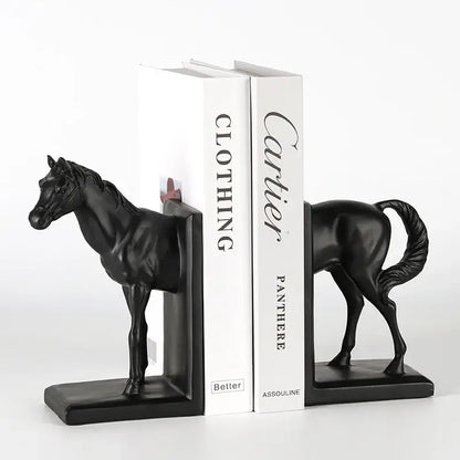 Glossy black horse stallion resin bookends living room decor