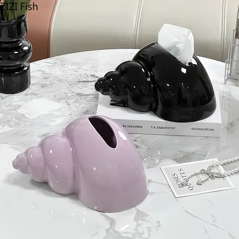 Glossy black & matte lavender conch ceramic tissue box living room