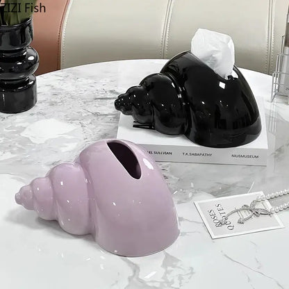 Glossy black & matte lavender conch ceramic tissue box living room