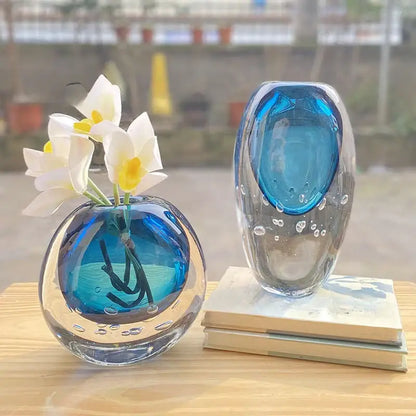 Glossy blue bubble crystal glass vase living room flower pot