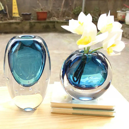 Glossy blue bubble crystal glass vase living room flower pot