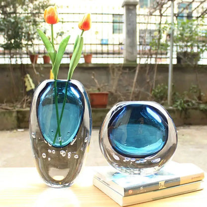 Glossy blue bubble crystal glass vase living room flower pot