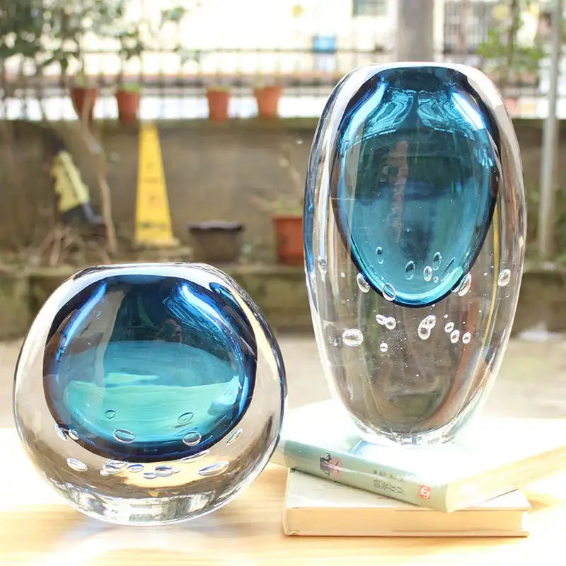 Glossy blue bubble crystal glass vase living room flower pot