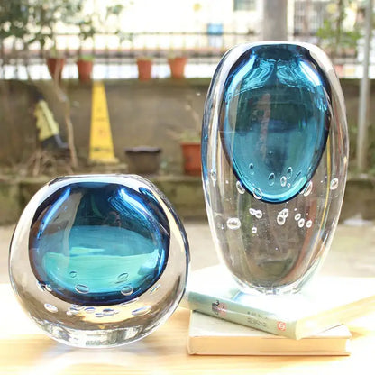 Glossy blue bubble crystal glass vase living room flower pot