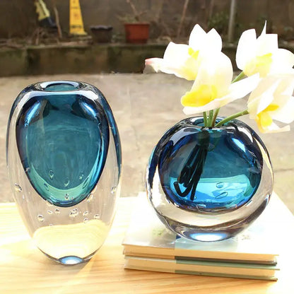 Glossy blue bubble crystal glass vase living room flower pot