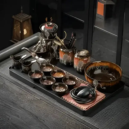 Glossy earth tone magnetic rotating tea set dining room dragon teapot