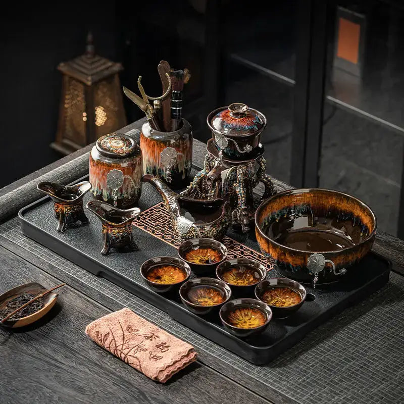 Glossy earth tone magnetic rotating tea set dining room dragon teapot