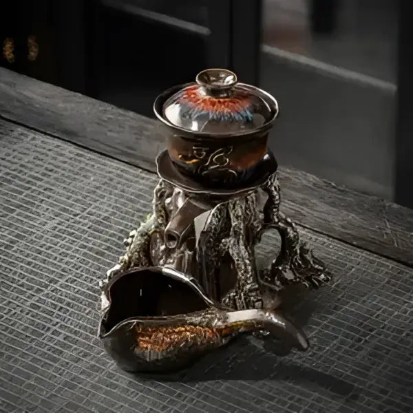 Glossy earth tone magnetic rotating tea set dining room dragon teapot