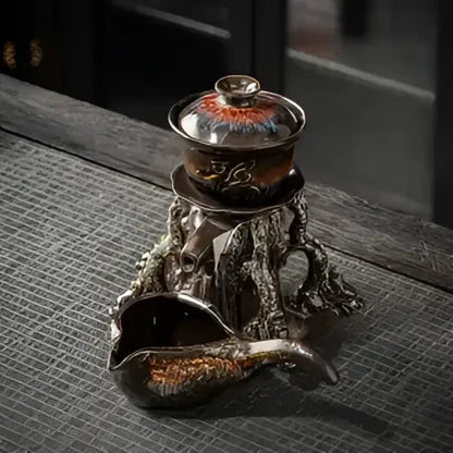 Glossy earth tone magnetic rotating tea set dining room dragon teapot