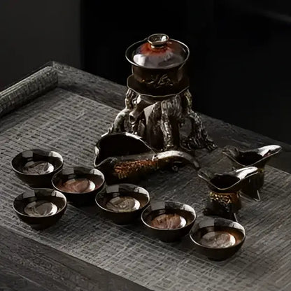 Glossy earth tone magnetic rotating tea set dining room dragon teapot