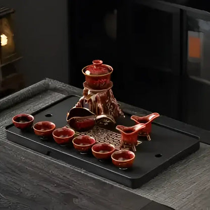Glossy earth tone magnetic rotating tea set dining room dragon teapot