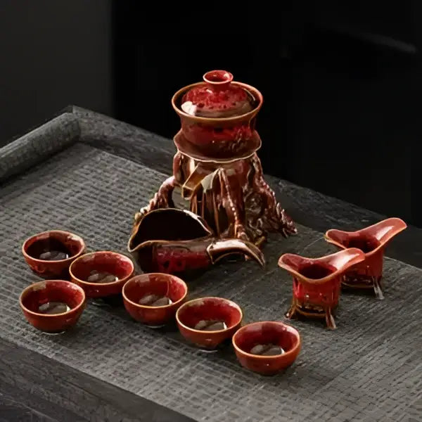 Glossy earth tone magnetic rotating tea set dining room dragon teapot
