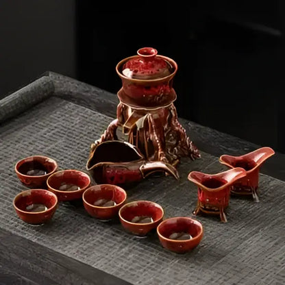 Glossy earth tone magnetic rotating tea set dining room dragon teapot