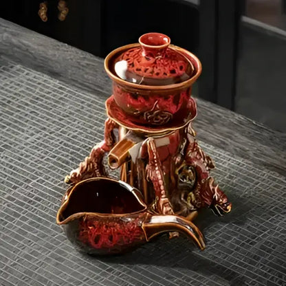Glossy earth tone magnetic rotating tea set dining room dragon teapot